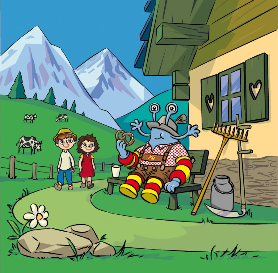 XÜ sitzt vor einer Almhütte.