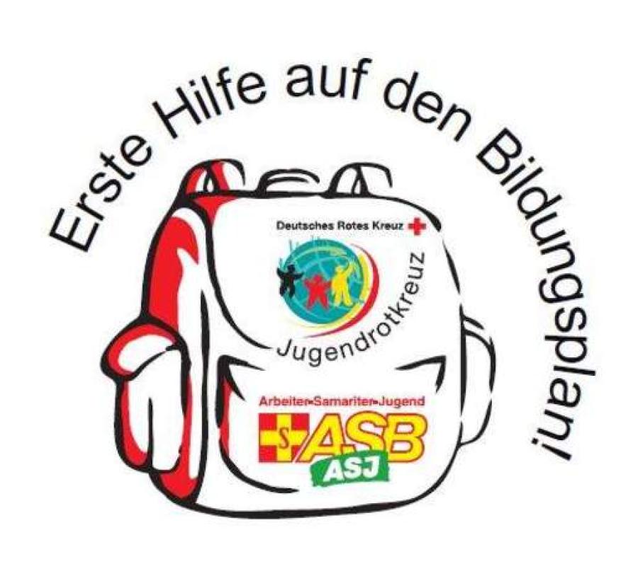 Das Logo der Initiative Erste Hilfe auf den Bildungsplan. Ein Schulranzen mit den Logos von ASJ und JRK