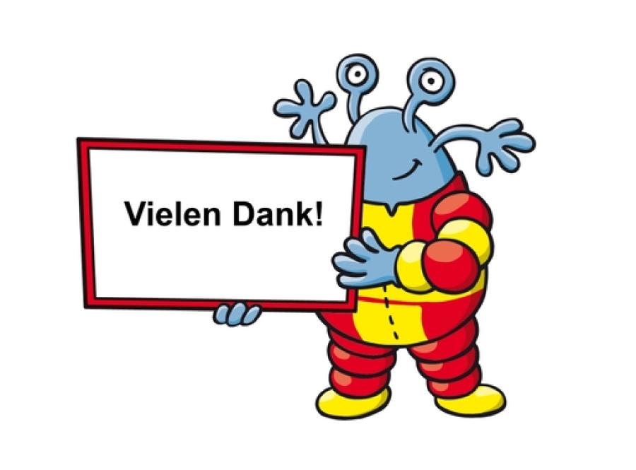 XÜ hält ein Schild mit der Aufschrift "Vielen Dank!"