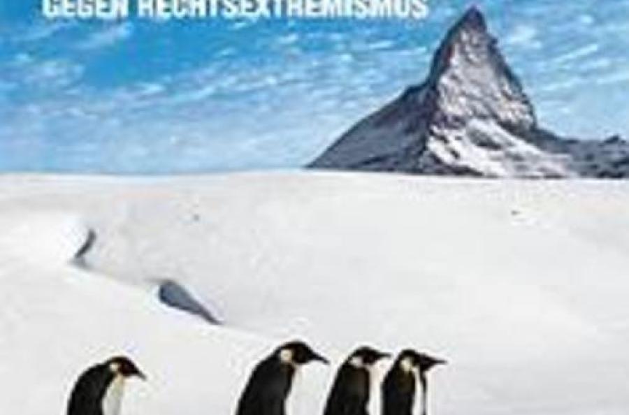 Titelseite der Broschüre, Pinguine laufen vor der Kulisse des Matterhorns über eine Gletscher