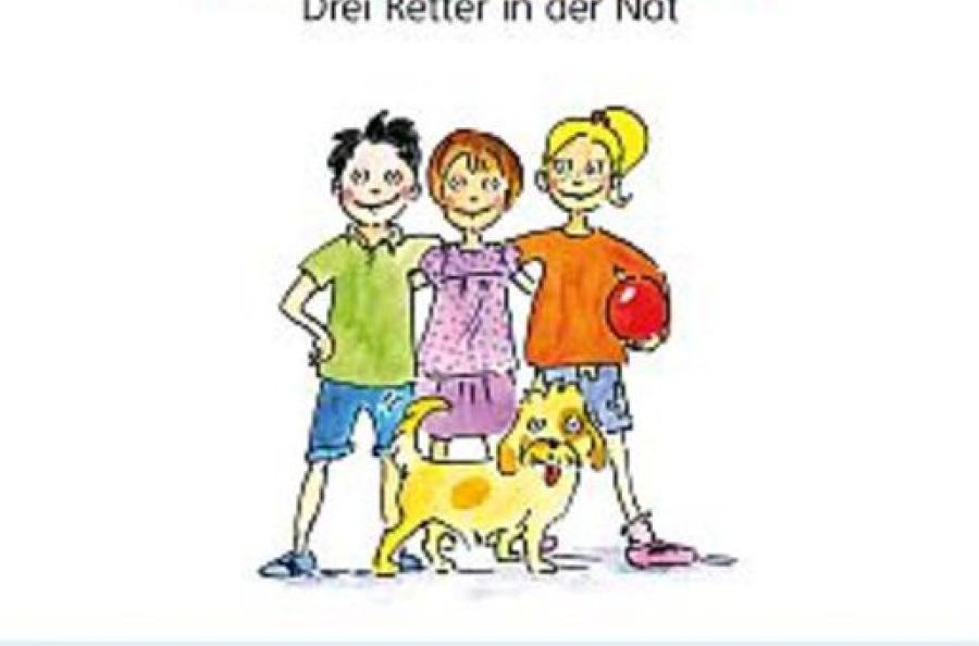 Titelseite des Kinderbuches, drei Kinder und ihr Hund